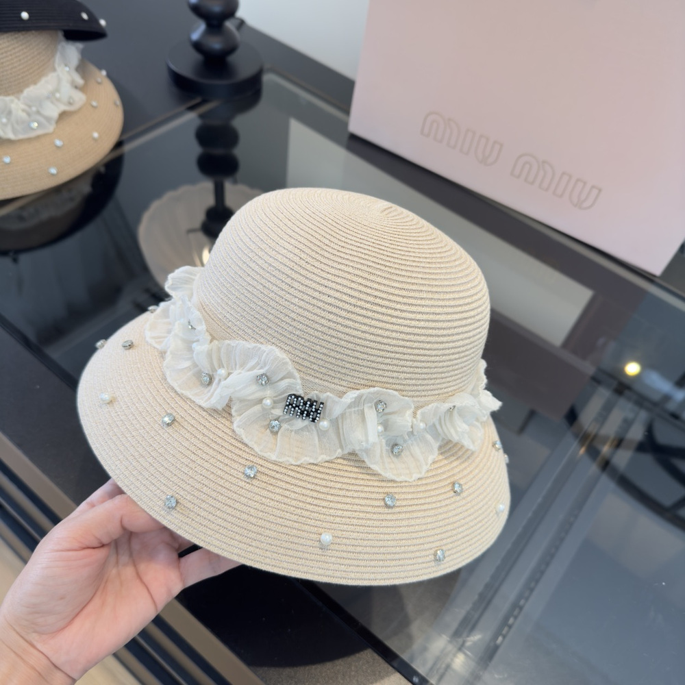 Miu Miu Embellished Straw Cloche Hat White Lace & Crystal Luxury View 4